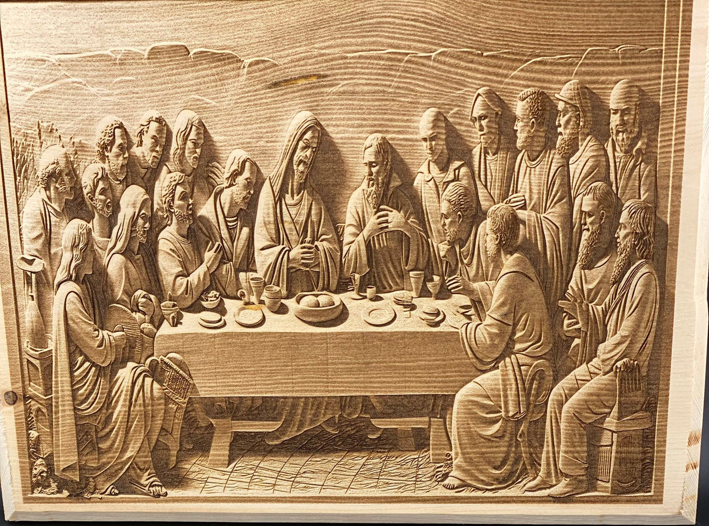 3d laser engraved last supper on wood