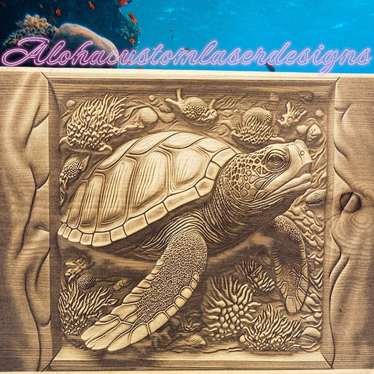 3d laser engraved turtle on wood