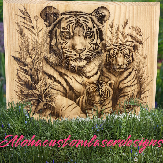 3D laser engraved tiger on wood